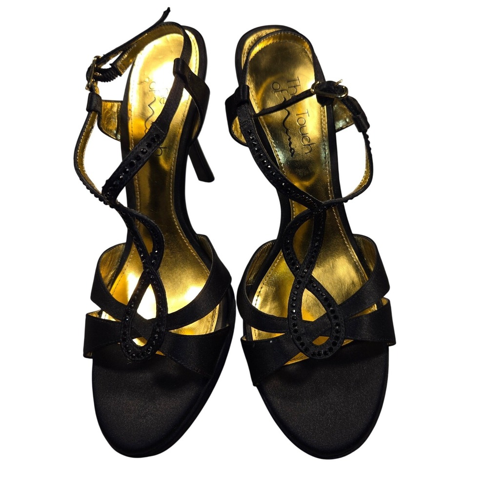 Nina The Touch Black Satin Rhinestone Strappy Stiletto Platform Sandals 8.5M